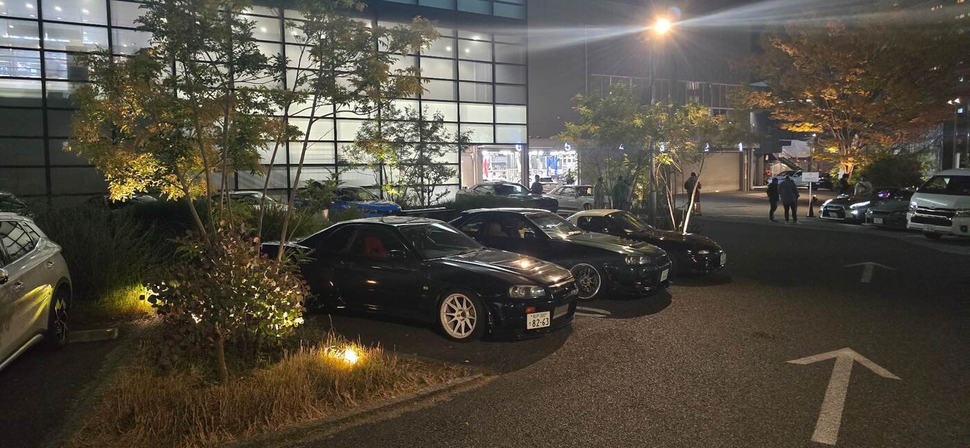 Cars in the landscaped parking area at A PIT Autobacs